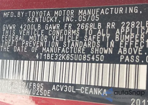 2005 Toyota Camry Le from USA, damaged, VIN 4T1BE32K65U085450